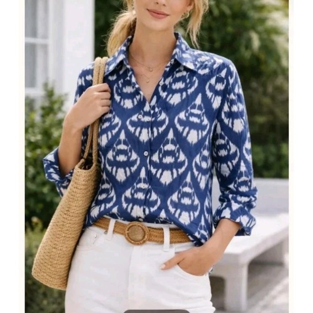 Talbots Womens XL Blue Ikat 100% Cotton Button Front Shirt Casual Lightweight
